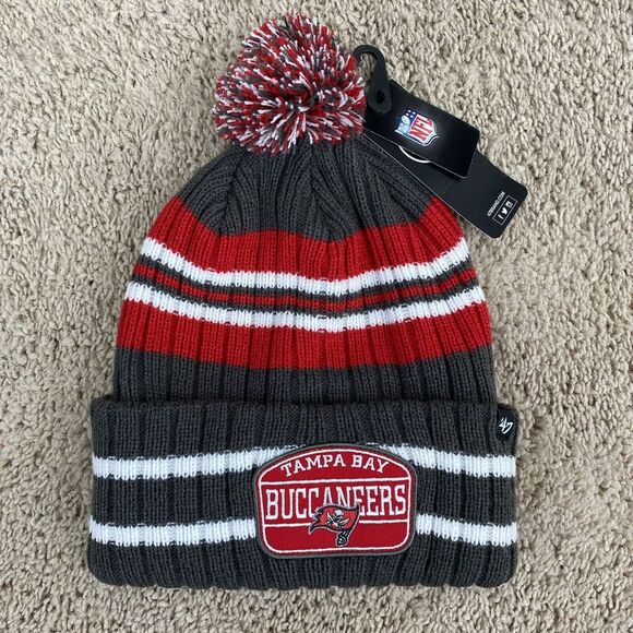 Tampa Bay Buccaneers '47 Beanie Charcoal Stack Striped Patch Pom Cuffed Knit Hat - Picture 4 of 4